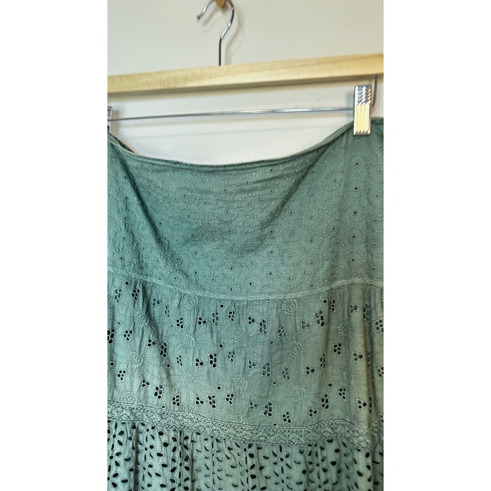 Chico's Eyelet Midi Skirt Womens 2 Green Cotton Tiered Boho Garden Peasant - Picture 4 of 9